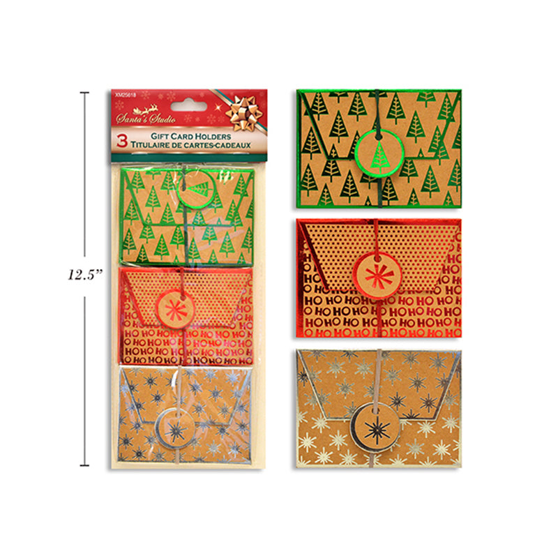 Xmas Gift Card Holders Pk3 11.43X8.25cm Craft W/Foil Hotstamp 3Asst