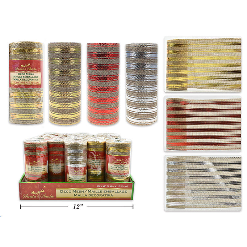 Xmas Mesh Burlap W/ Foil Decor 14X457cm 3 Asst