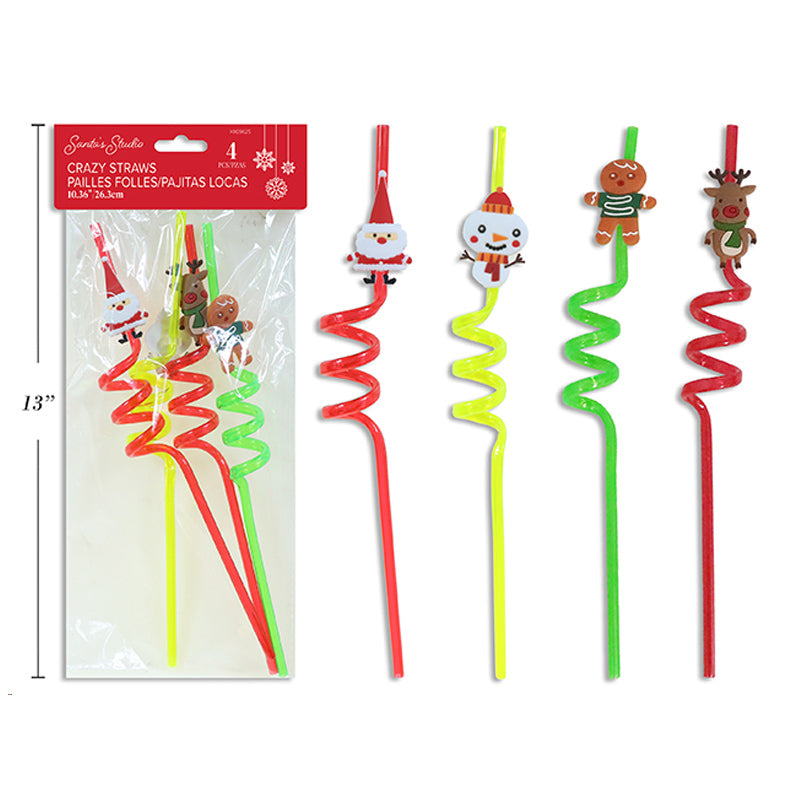 Xmas Crazy Straws 4Pk 26cm Asst Styles/Pk