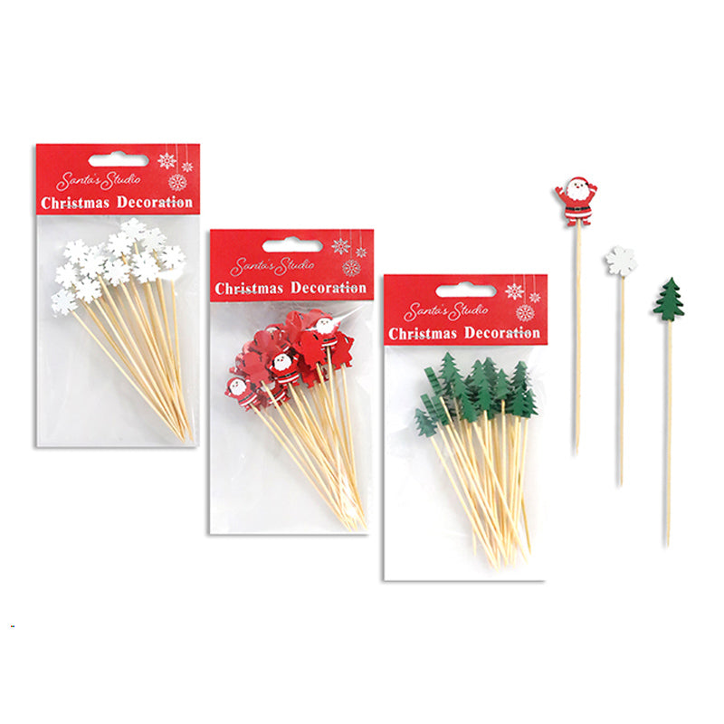 Xmas Bamboo Picks 12Pk 12cm W/Character Topper 3 Asst