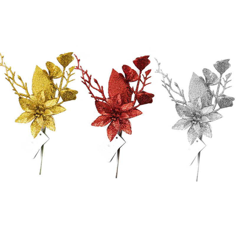 Xmas Glitter Flower Pick 24X10cmr/G/S