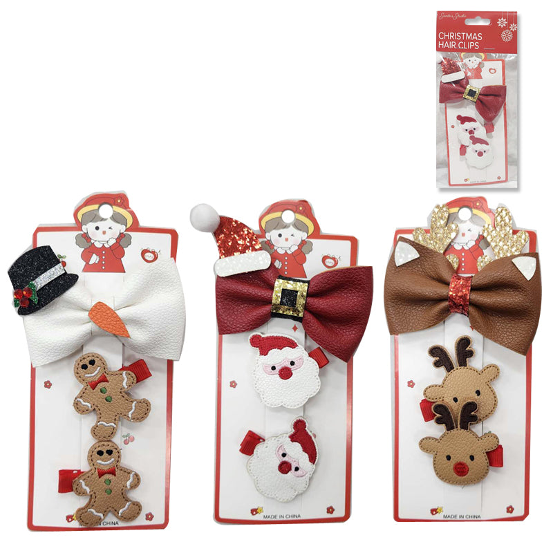Xmas Hair Clips 3Pk Leather Look 3Asst