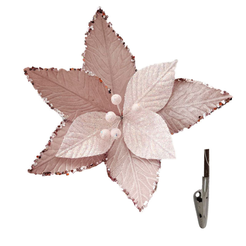 Xmas Flower Sequin 31cm W/Clip Pink