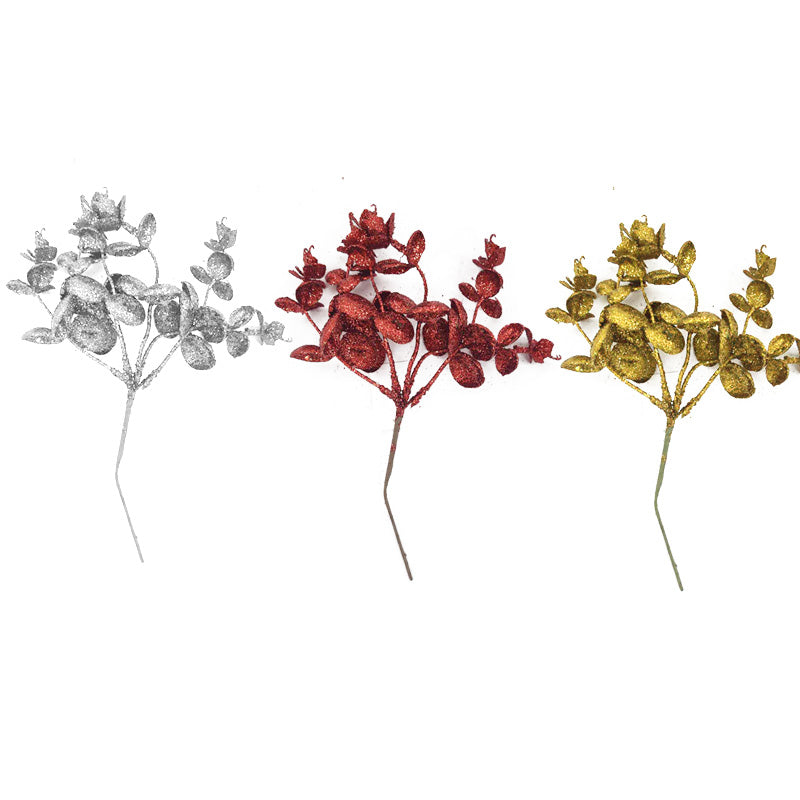 Xmas Glitter Eucalyptus Leaves Pick 27X16cmr/G/S