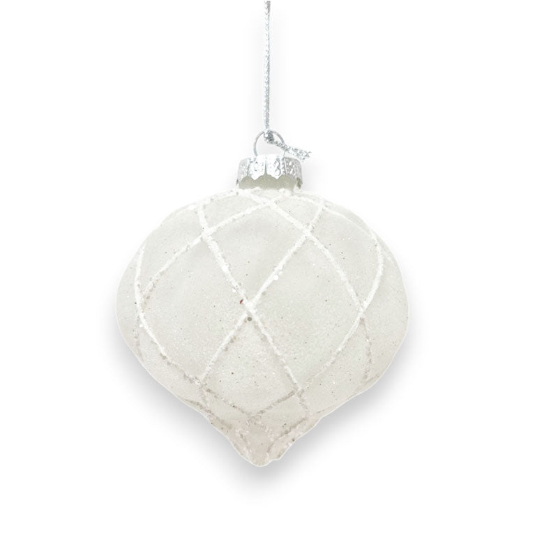 Glass Bauble Onion Flocked 8cm White