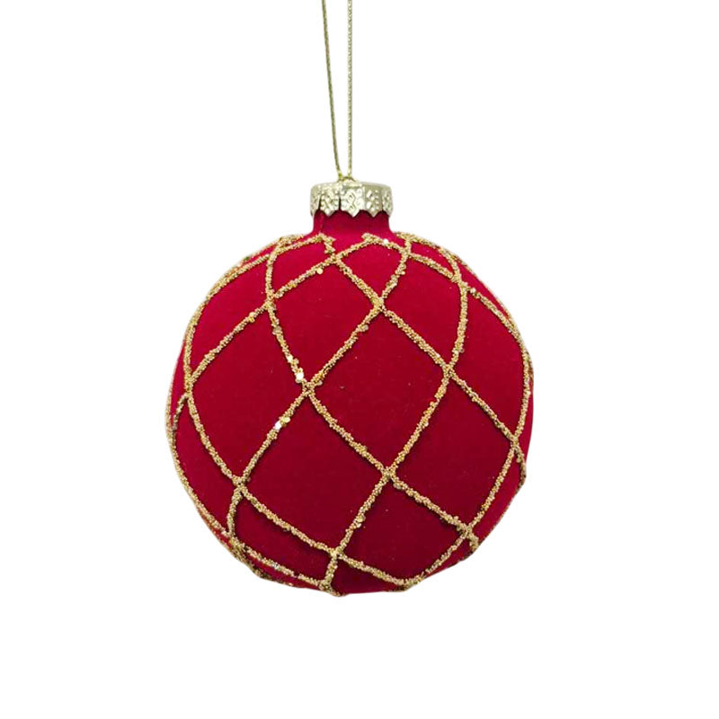 Glass Bauble Flocked 8cm Red 2
