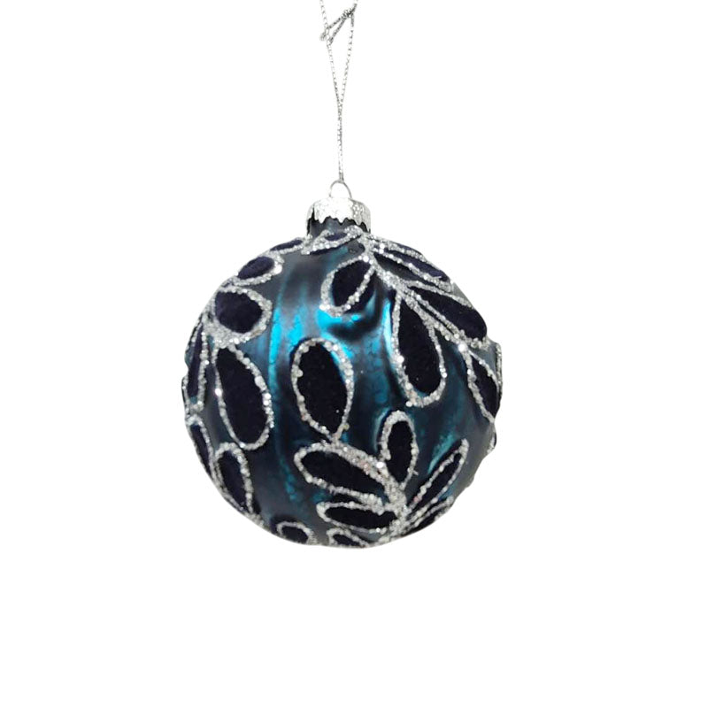 Glass Bauble Floral Pattern 8cm Blue