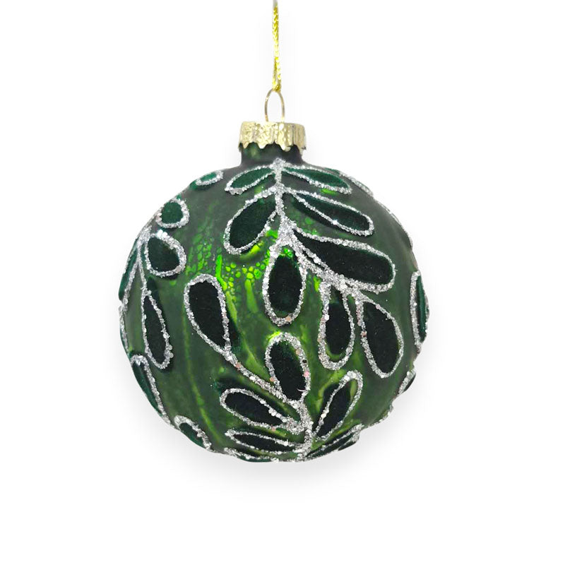 Glass Bauble Floral Pattern 8cm Green