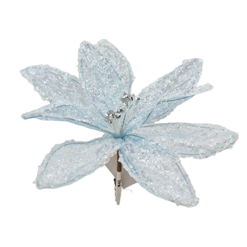 Xmas Flower Glittery W/Clip 15X19cm Blue