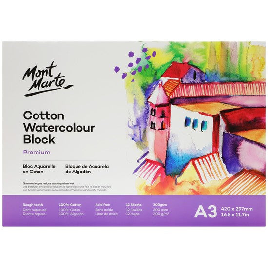 M.M. Cotton Watercolour Paper Block A3 300gsm 12 Sht