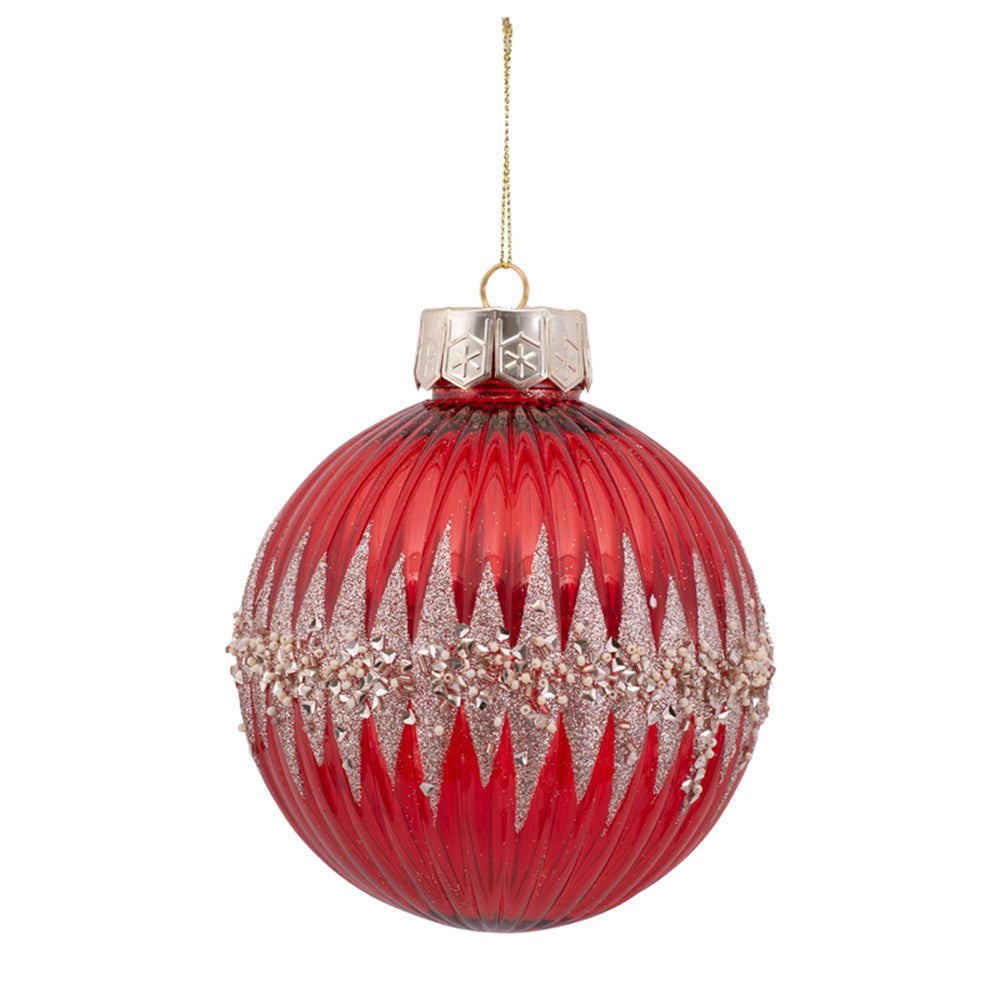 13cm Red Shatterproof Bauble W/Champagne Glitter Details