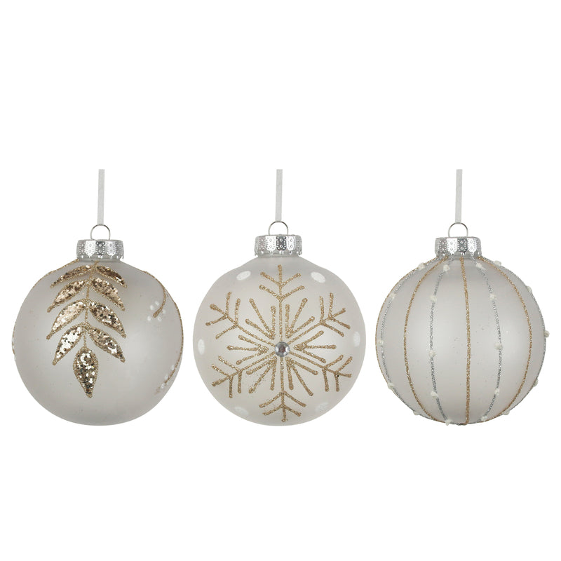 3A 10cm White Baubles W/Glitter Finish In Pdq
