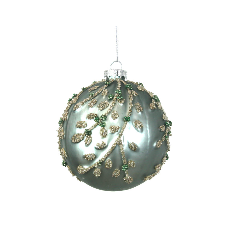 10cm Glass Gunmetal Bauble W/Silver Beads