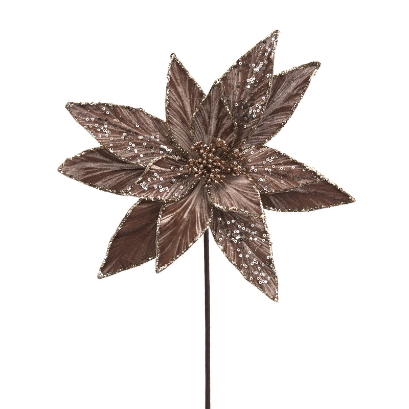29cm Mocha Velvet Poinsettia W/Glitter Details 50cm Stem