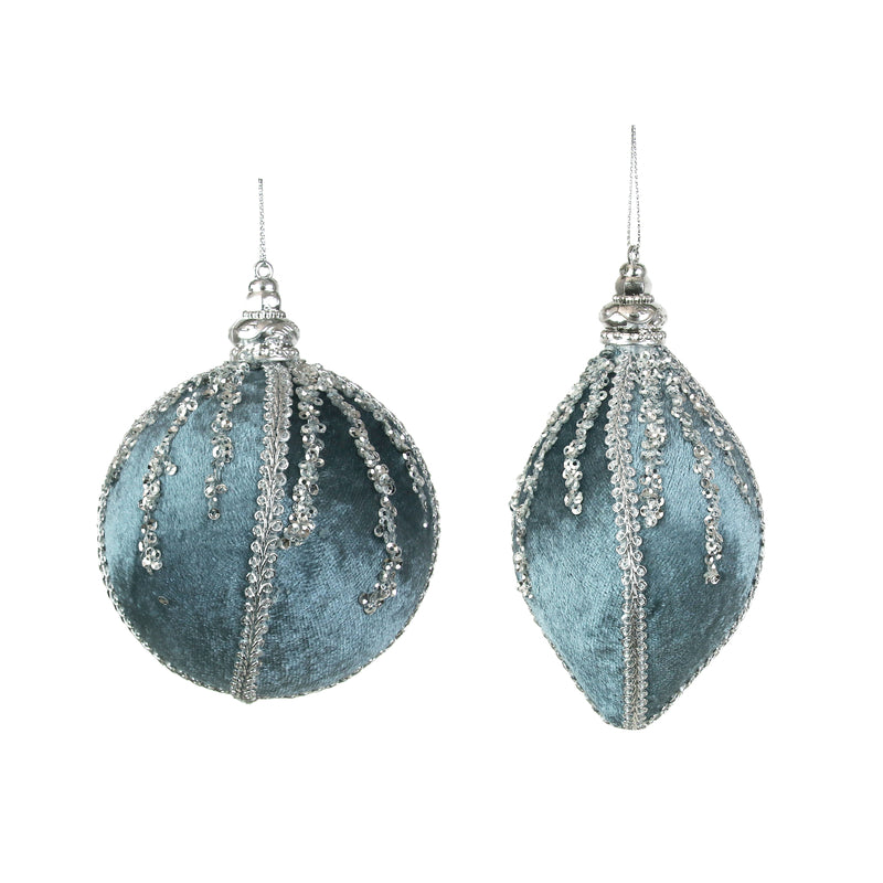 2A 10cm Ball & 13cm Finial Drop Arctic Blue Velvet W/Glitter Details