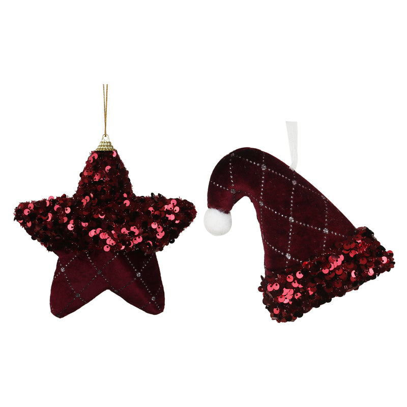2A 15cm Star & 13cm Hat Burgundy Velvet W/Glitter Finish Hanging Deco
