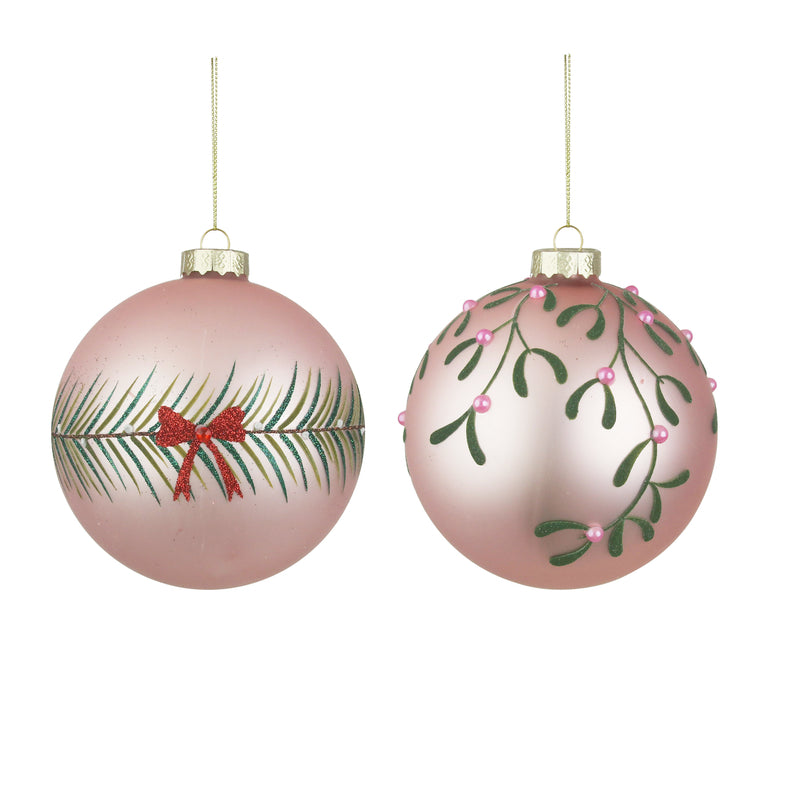 2A 12cm Pale Pink Glass Baubles W/Hand Painted Details