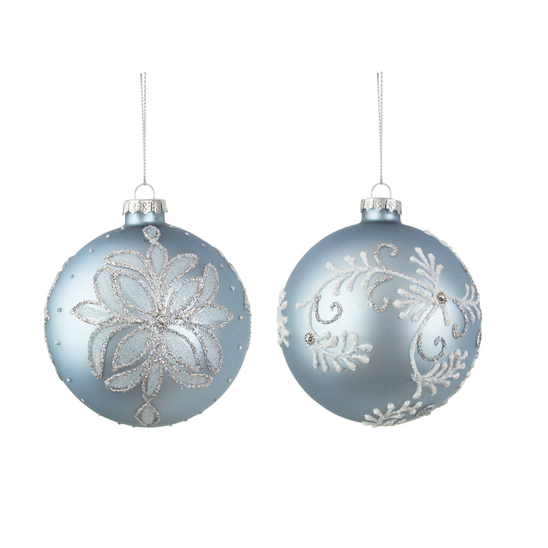 2A 10cm Pale Blue Glass Baubles W/Handpainted Details