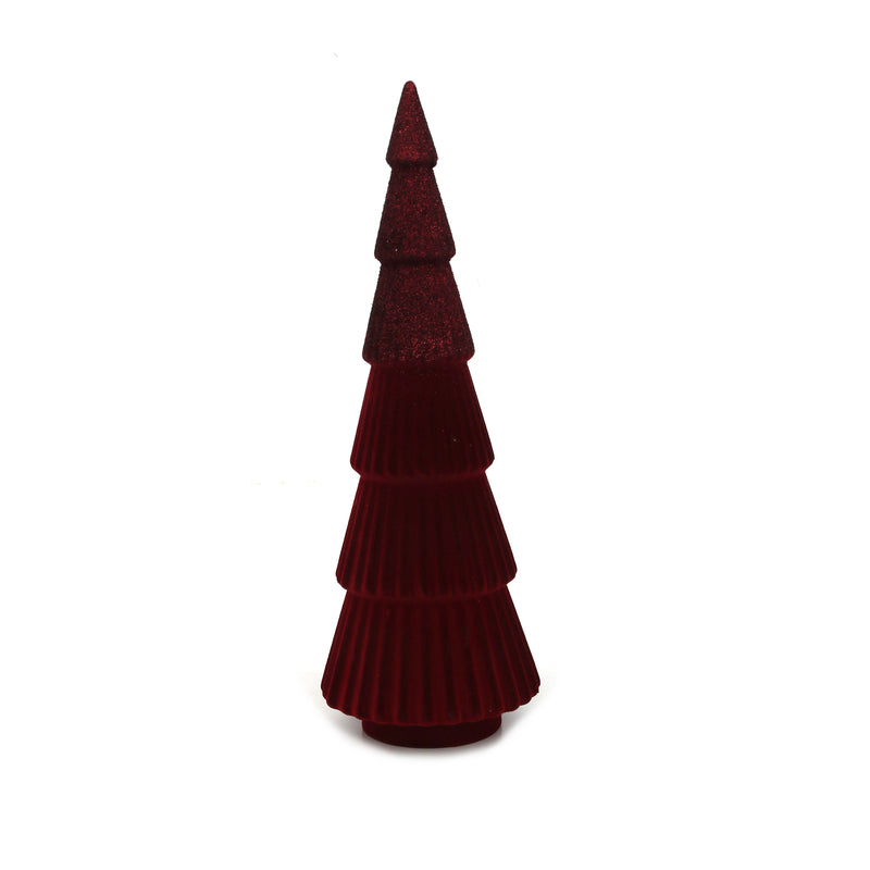 12X35cm Red Flocked Tree W/Burgundy Glitter Details