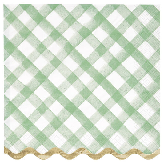 Green Gingham 16 Plaid Gold Foil Stamped Scalloped Edge Luncheon Napkins 2ply 33cm x 33cm (13" x 13")