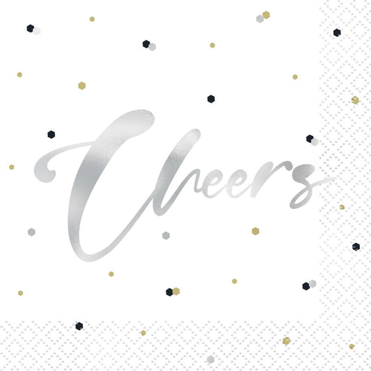 Silver Birthday 16 Foil Stamped "Cheers" Beverage Napkins 2ply 25.4cm x 25.4cm (10" x 10")