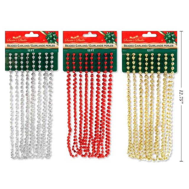 Xmas Beaded Garland 3.65M 7Mm 3Asst Cols