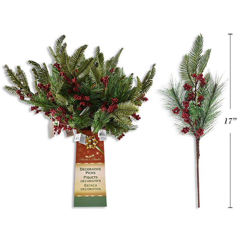 Xmas Pine Needles W/Holly Berries Picks 43cm