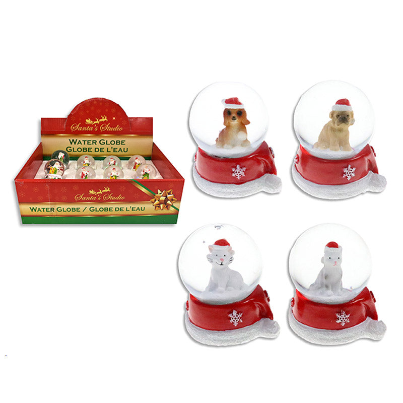Xmas Waterball Puppy / Kitty W/Resin Santa Hat Base 45Mm Globe 4 Asst