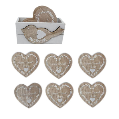 Wooden Coaster Set 6pce Love Heart Bird