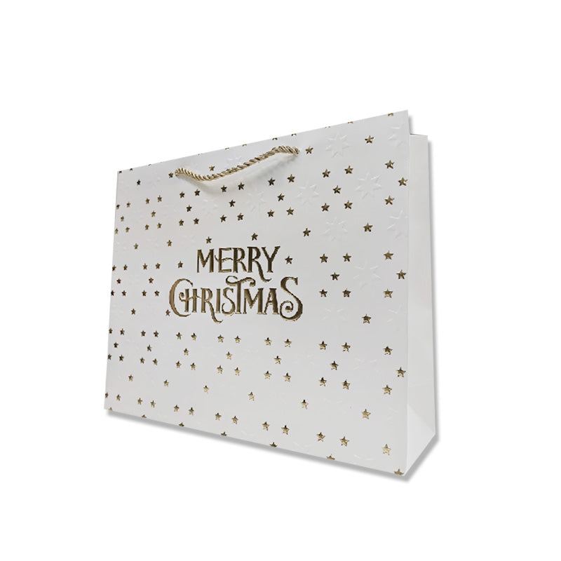 Xmas Gift Bag Gold Stars & Merry Christmas 23*18*10cm Horizontal