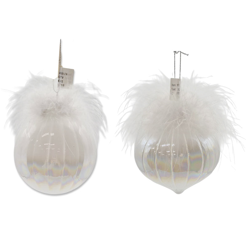 Pearl White W/Feather Glass Bauble 8cm 2Asst