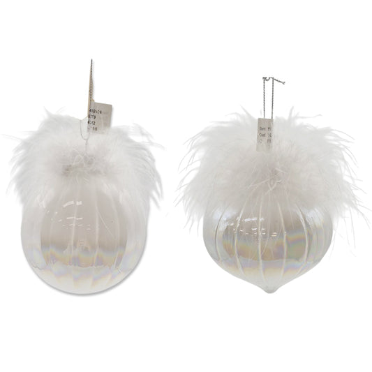 Pearl White W/Feather Glass Bauble 8cm 2Asst