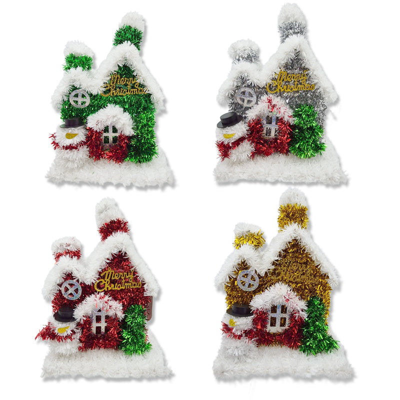 Xmas Tinsel House 4Asst 17X24X13cm