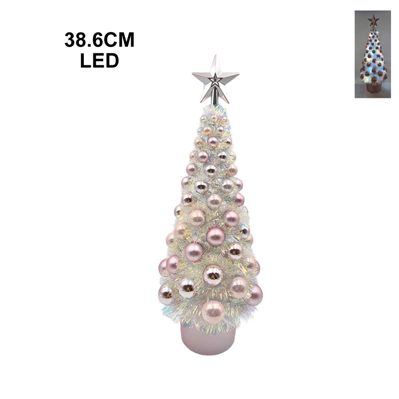 Xmas Tinsel Tree 38.6cm W/Balls Led Iridescent