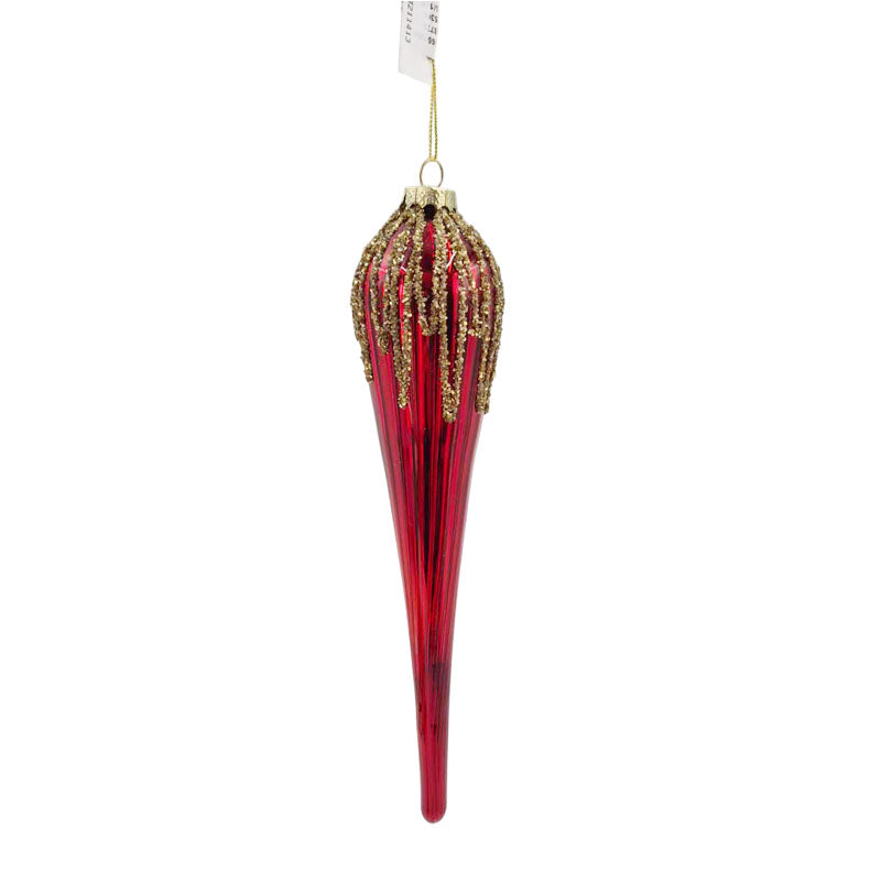 Glass Bauble Teardrop Red+Gold Glitter 5.2X24.5cm