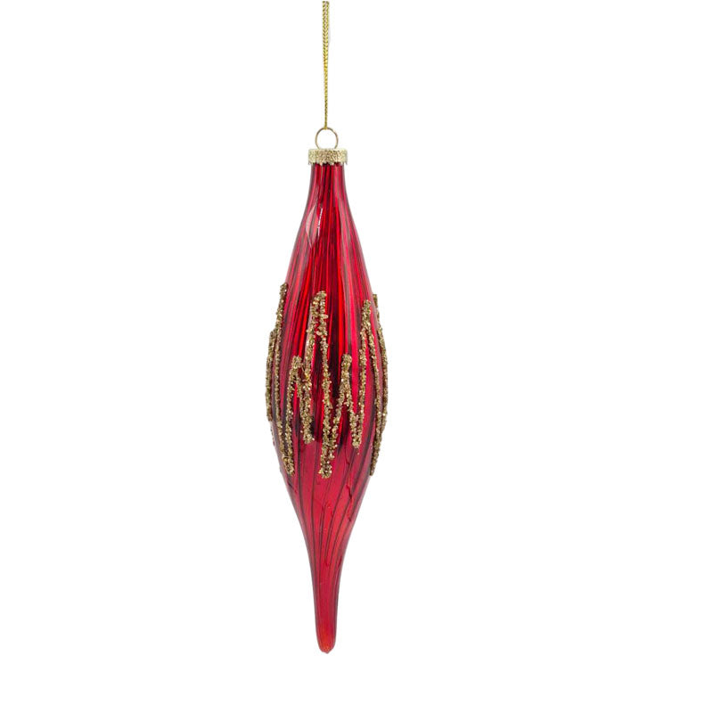Glass Bauble Teardrop Red+Gold Glitter 5.3X23cm