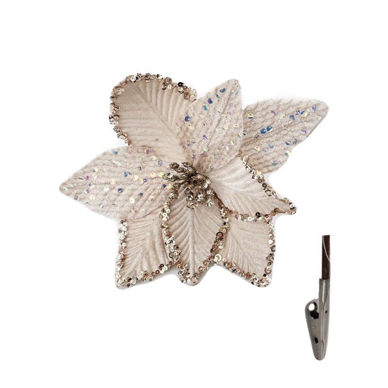 Xmas Flower Sequin 24cm W/Clip Champagne