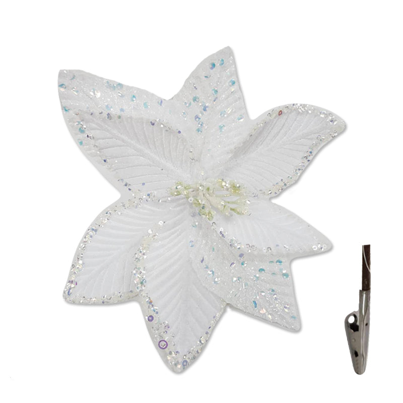 Xmas Flower Sequin 24cm W/Clip White