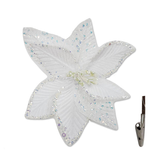 Xmas Flower Sequin 24cm W/Clip White
