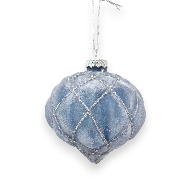 Glass Bauble Onion Flocked 8cm Blue