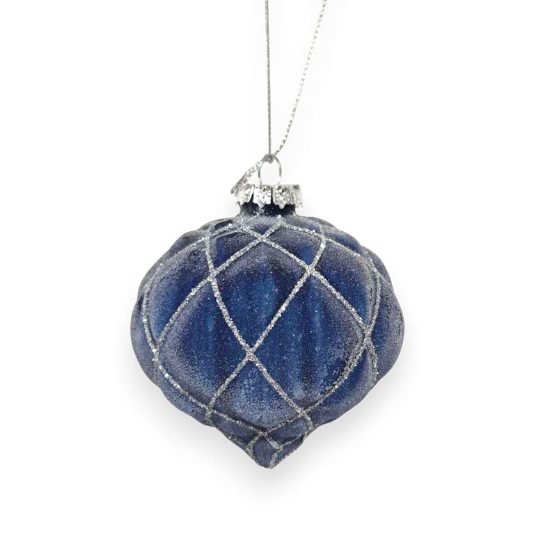 Glass Bauble Onion Flocked 8cm D. Blue