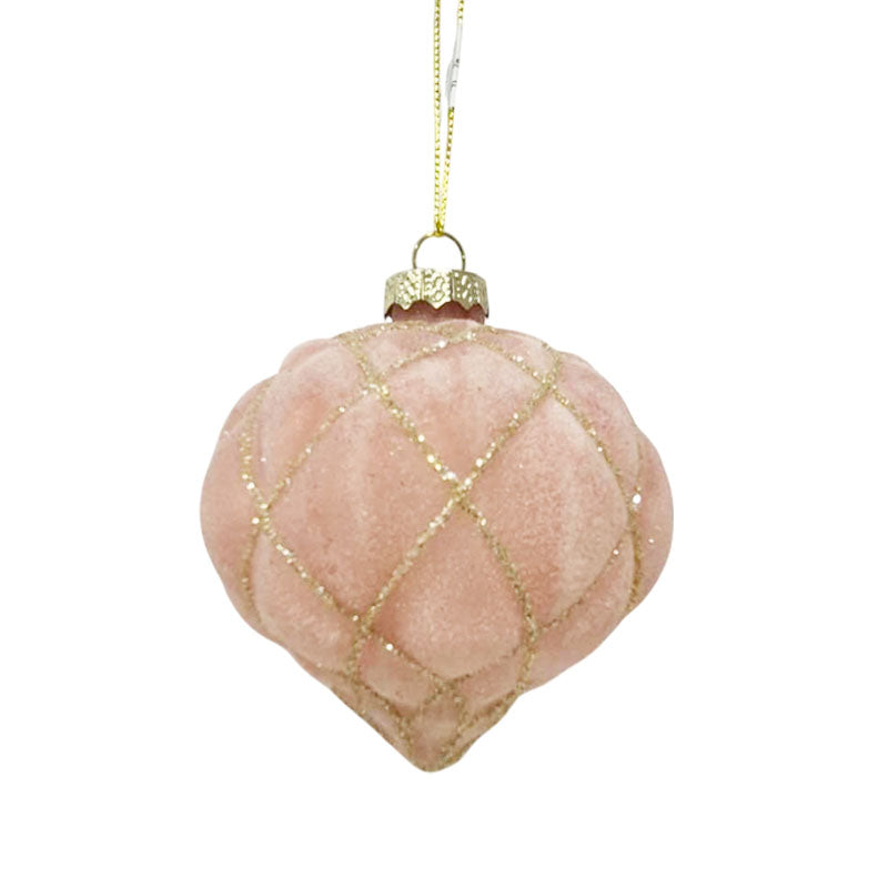 Glass Bauble Onion Flocked 8cm Pink