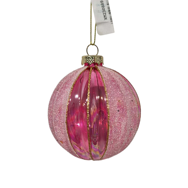 Glass Bauble Ribbed Frosty 8cm Pink