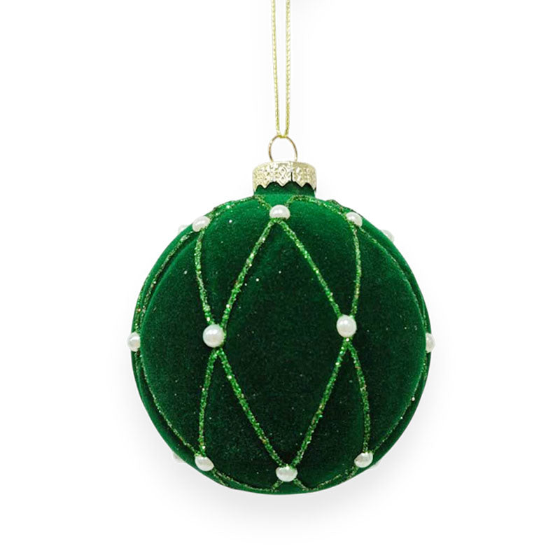 Glass Bauble Flocked Pearl 8cm Green