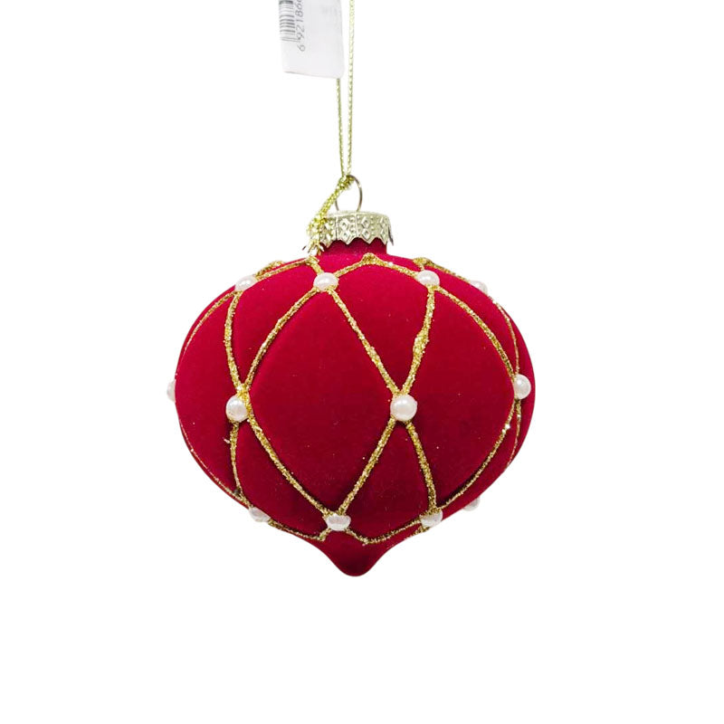 Glass Bauble Flocked Pearl Onion 8cm Red