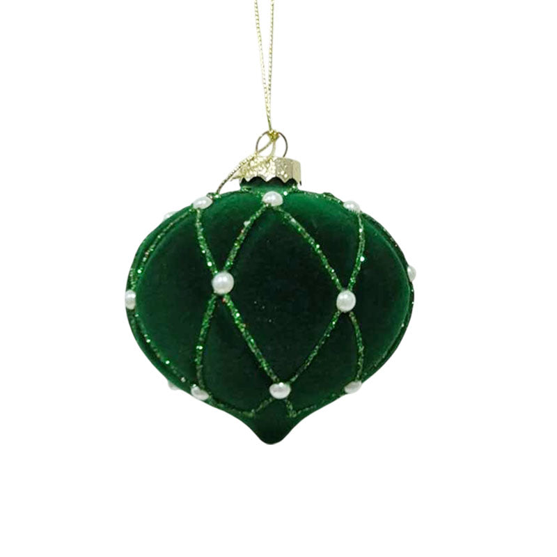 Glass Bauble Flocked Pearl Onion 8cm Green