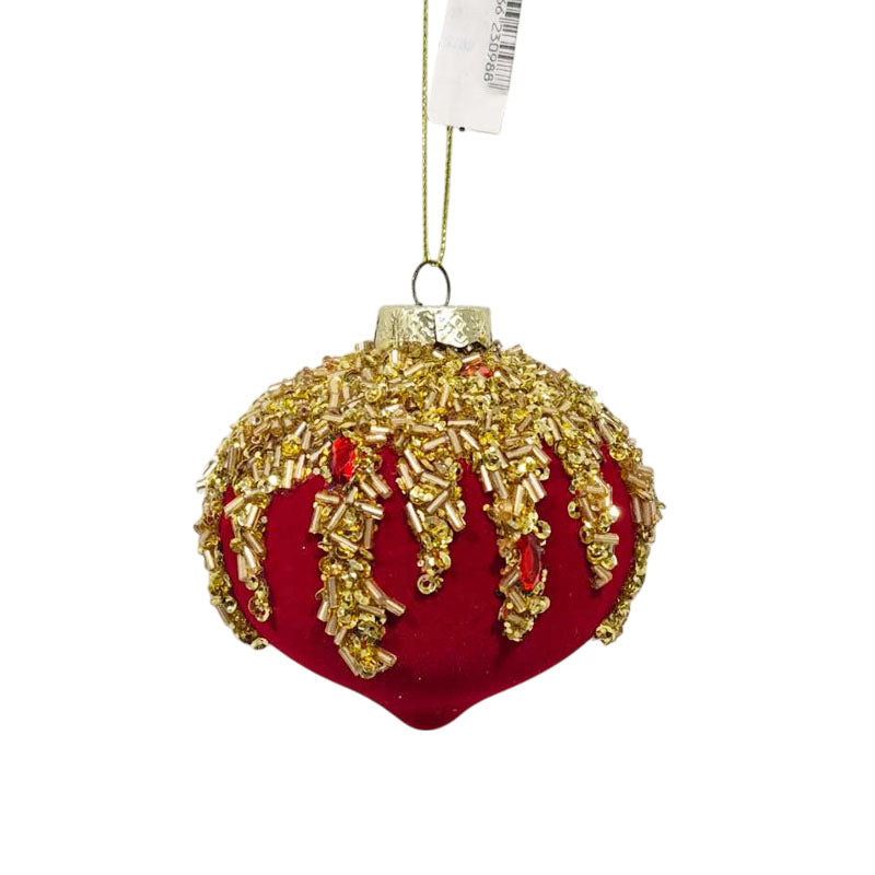 Glass Bauble Flocked Glitter Onion 8cm Red