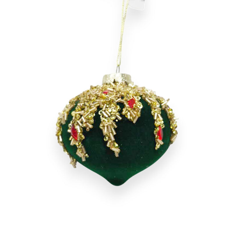 Glass Bauble Flocked Glitter Onion 8cm Green