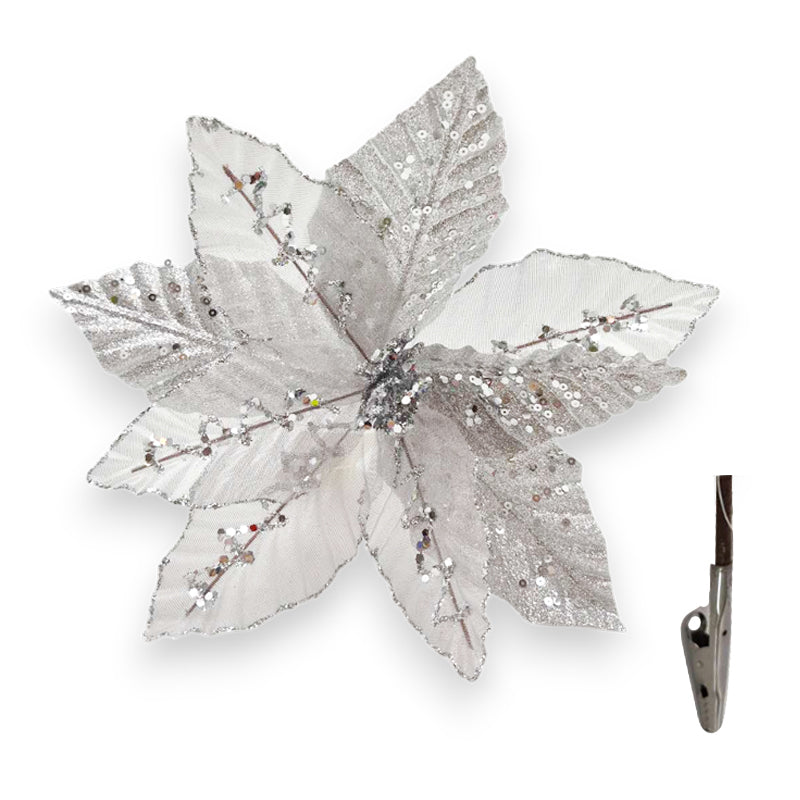 Xmas Flower W/Clip 25*15cm Silver