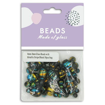 Glass Beads 4mm-8mm Metallic Stripe Black 50pcs